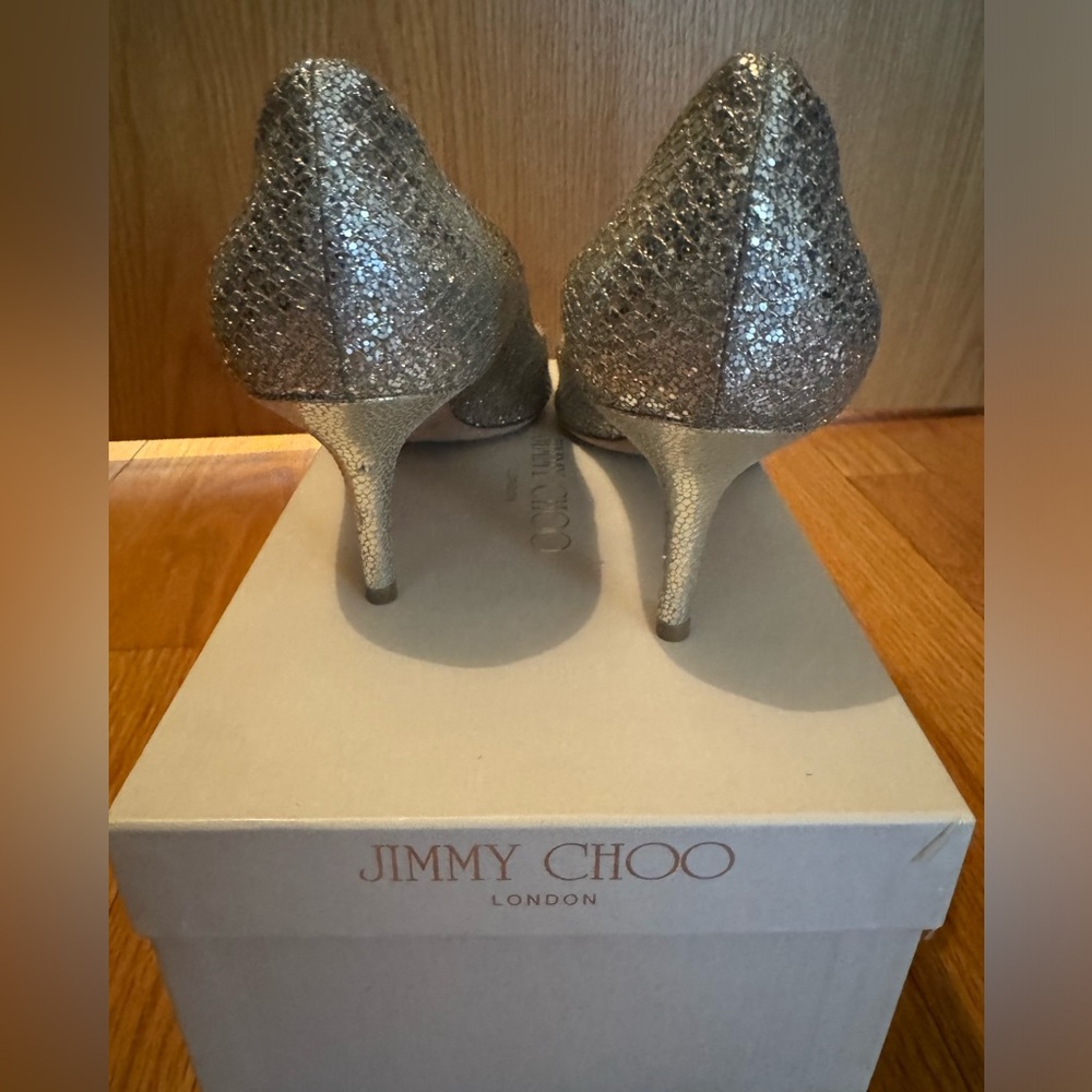 Jimmy Choo Silver Isabel Peep Toe Heels - Picture 3 of 7